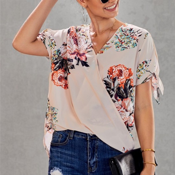 #24 Boho Floral Tropical Print Surplice Tie Sleeve Blouse - Picture 2 of 4